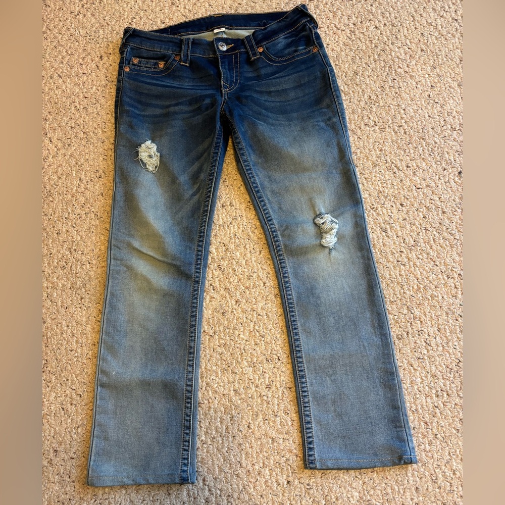 TRUE RELIGION WOMENS 28x28 DISTRESSED JEANS STRAIGHT STRETCH GUC